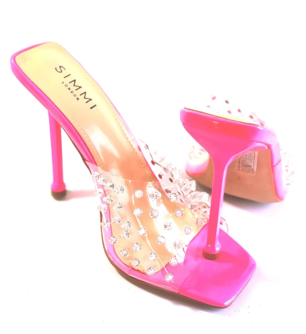 Mules SIMMI Fuchsia Néon à Talon Aiguille et Strass Transparent
